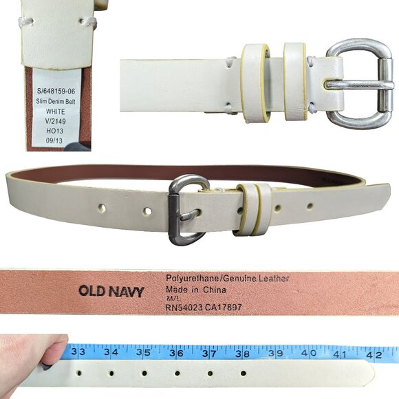 Old Navy Genuine Leather Slim White Belt Yellow Edges | M/L - Picture 1 of 1